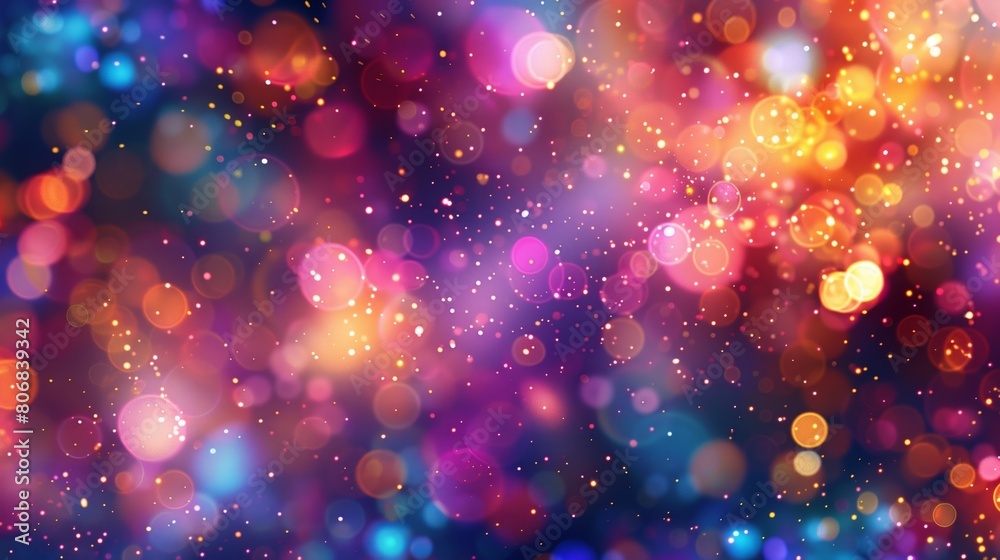 A background of colorful lights and bokeh particles in space.