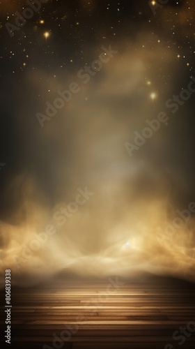 Tan smoke empty scene background with spotlights mist fog with gold glitter sparkle stage studio interior texture for display products blank copyspace 