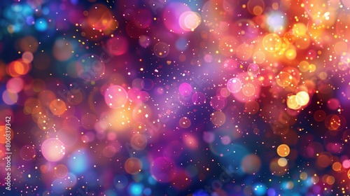 A background of colorful lights and bokeh particles in space.
