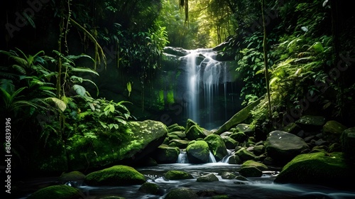 Panorama of a beautiful waterfall in the rainforest of Borneo.