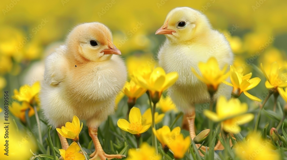  A few small chickens by side on yellow tulip and daffodil field