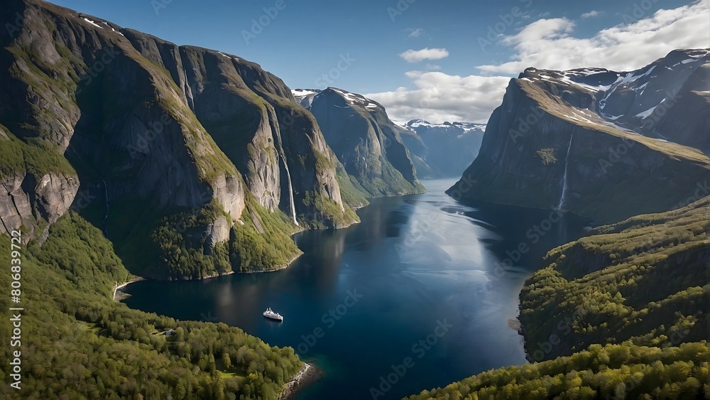 Aerial photo of a river among high mountain rocks