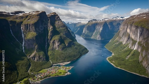 Aerial photo of a river among high mountain rocks