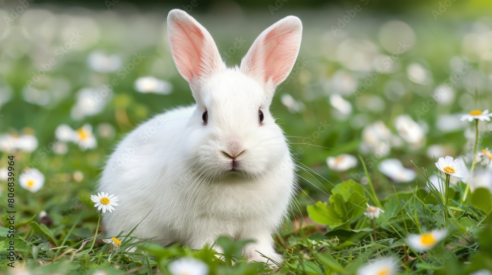 A white rabbit sits in the grass surrounded by clear daisies, while the foreground features a dense cluster of daisies in soft focus, creating a blurry background A white rabbit sits in the grass surrounded by clear daisies, while the foreground features a dense cluster of daisies in soft focus, creating a blurry background