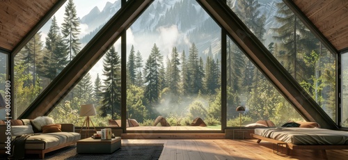 Serene A-frame cabin interior with expansive windows overlooking lush forest © Georgii