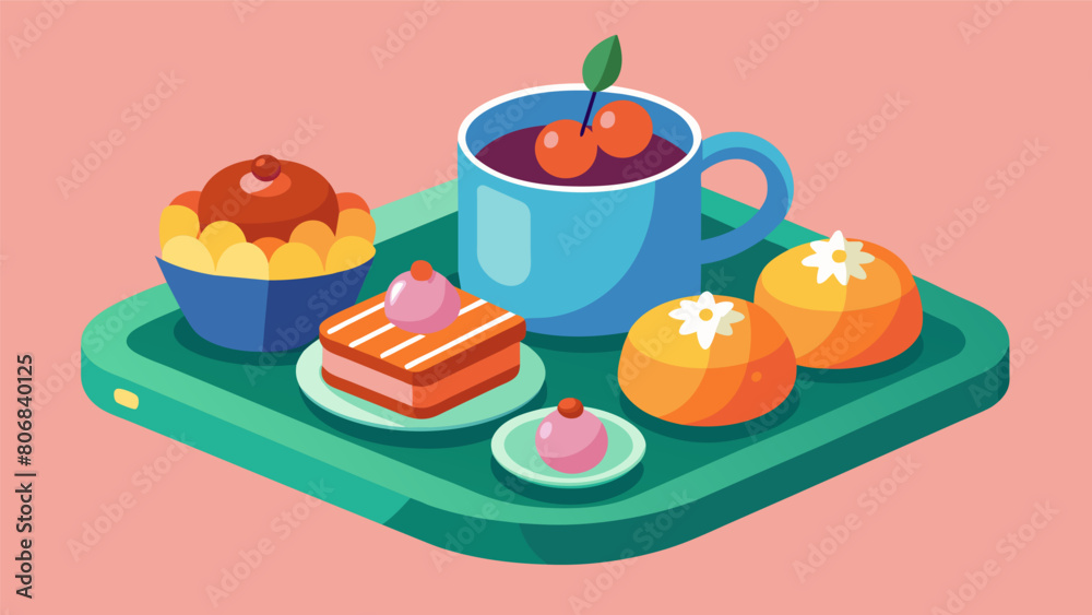 A small tray of sweets and snacks accompanying the tea arranged beautifully to enhance the overall experience.. A small tray of sweets and snacks accompanying the tea arranged beautifully to enhance the overall experience..