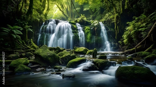 Panoramic view of beautiful waterfall in green forest. Long exposure.