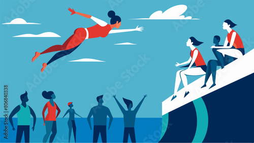 Spectators hold their breath as they watch the divers gracefully navigate their bodies through the air landing with precision into the ocean below.. Vector illustration
