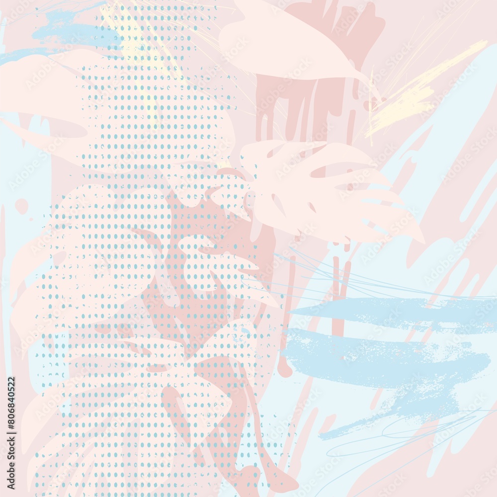 Fototapeta premium Abstract background with elements of tropical plants in mixed media (acrylic, pen, gouache) in pastel colors. Ideal for branding, website creation, printing, photo wallpaper and textiles, scrapbooking