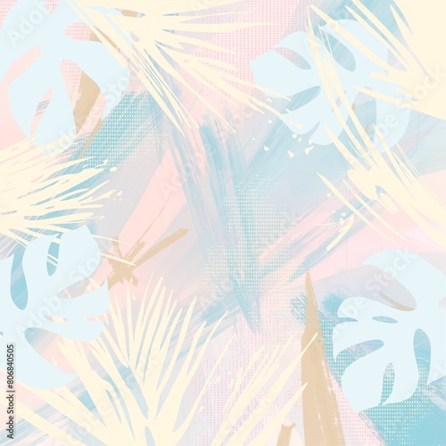 Abstract background with elements of tropical plants in mixed media  acrylic  pen  gouache  in pastel colors. Ideal for branding  website creation  printing  photo wallpaper and textiles  scrapbooking