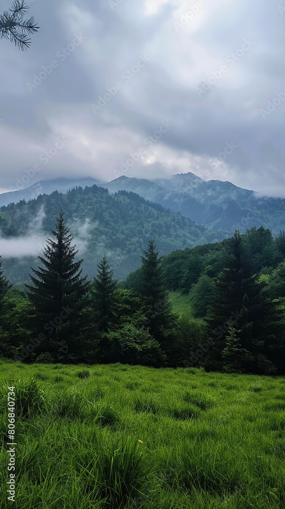Misty Mountain Forest Landscape with Lush Greenery