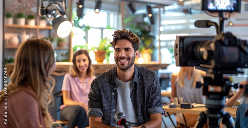 Young man smiles during a casual video interview in a modern cafe setting