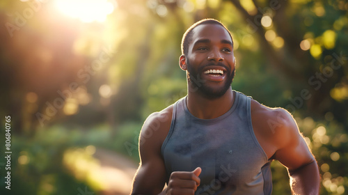 A happy jogger runs in a sunlit park, epitomizing health and enjoyment in outdoor fitness