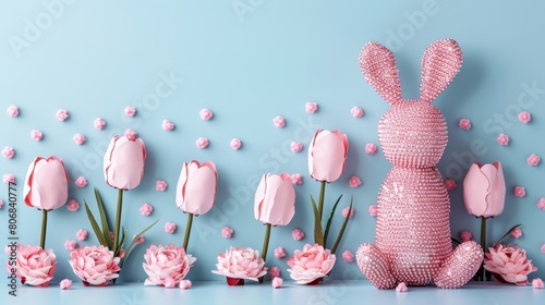  A pink bunny sits amidst a row of pink flowers and tulips against a blue backdrop