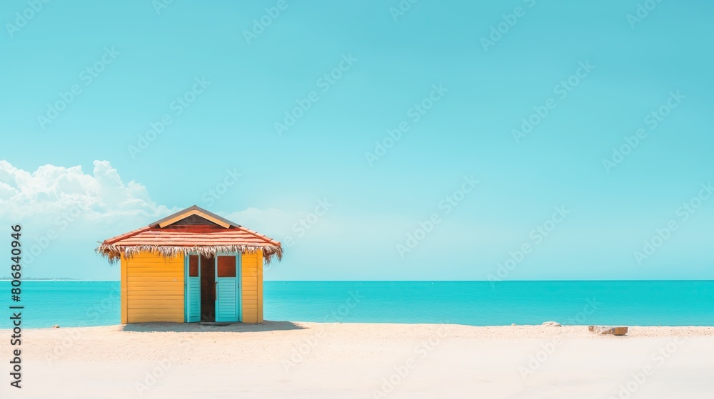 Pastel Colored Beach Hut on Tropical Seaside under Blue Sky