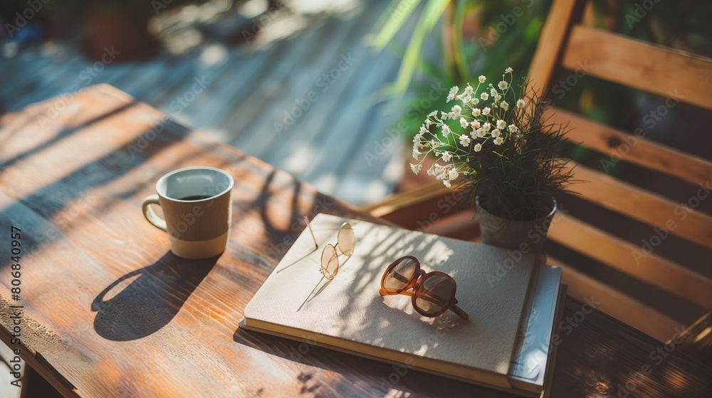 Serene Morning with Coffee and Book on Wooden Table Outdoors Serene Morning with Coffee and Book on Wooden Table Outdoors