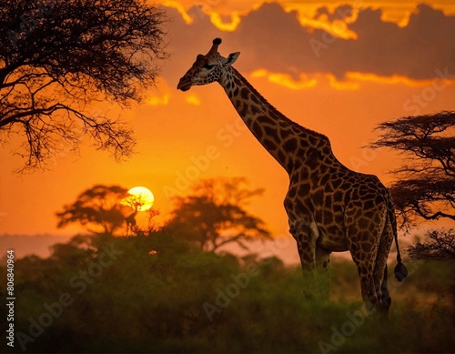 A solitary giraffe grazing peacefully on acacia leaves against the backdrop of a vibrant African sun