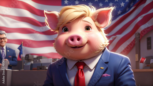 A pig as a politician with the USA flag in the background photo