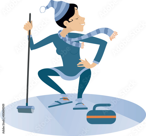 Smiling young woman plays curling. 
Winter sport. Young woman with a curling brush aiming a stone to a target
