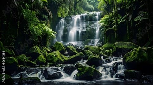 Beautiful waterfall in the rainforest. Panoramic view.