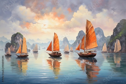 Sailing boats on the sea in Halong Bay, north Vietnam. Modern art oil painting. Seascape in the style of impressionism. photo