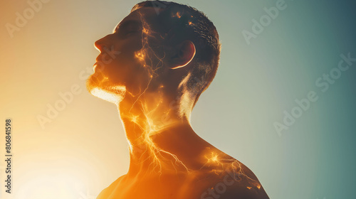 A man’s profile illuminated by electric currents, symbolizing human energy and vitality against a bright backdrop