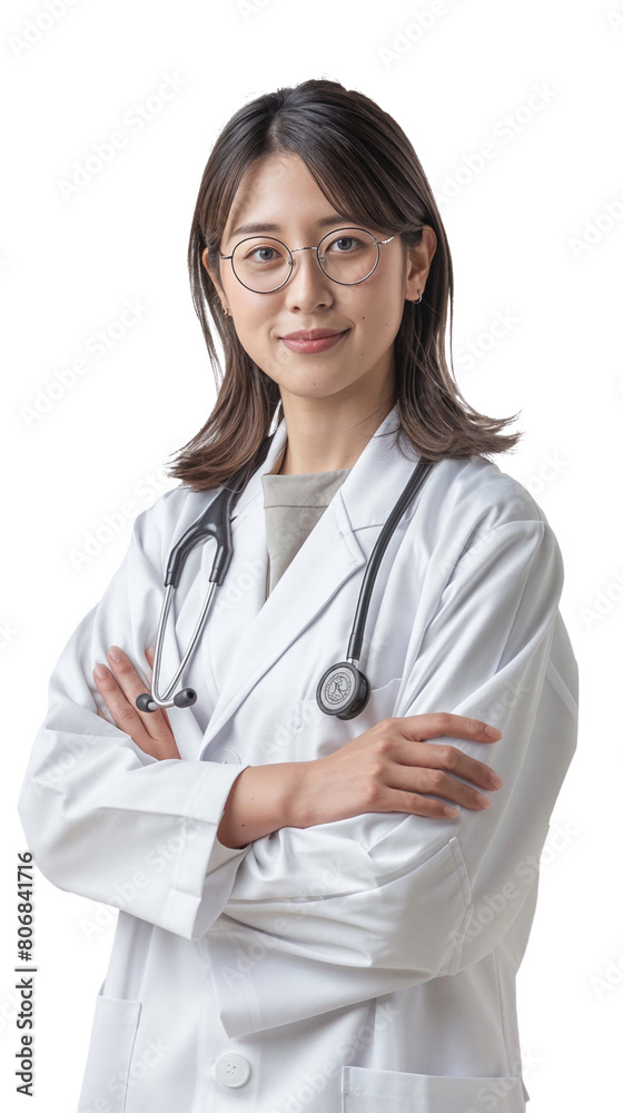 Portrait of a professional Japanese woman doctor wearing glasses, a white lab coat, and a stethoscope, standing with arms crossed against a transparen Portrait of a professional Japanese woman doctor wearing glasses, a white lab coat, and a stethoscope, standing with arms crossed against a transparen