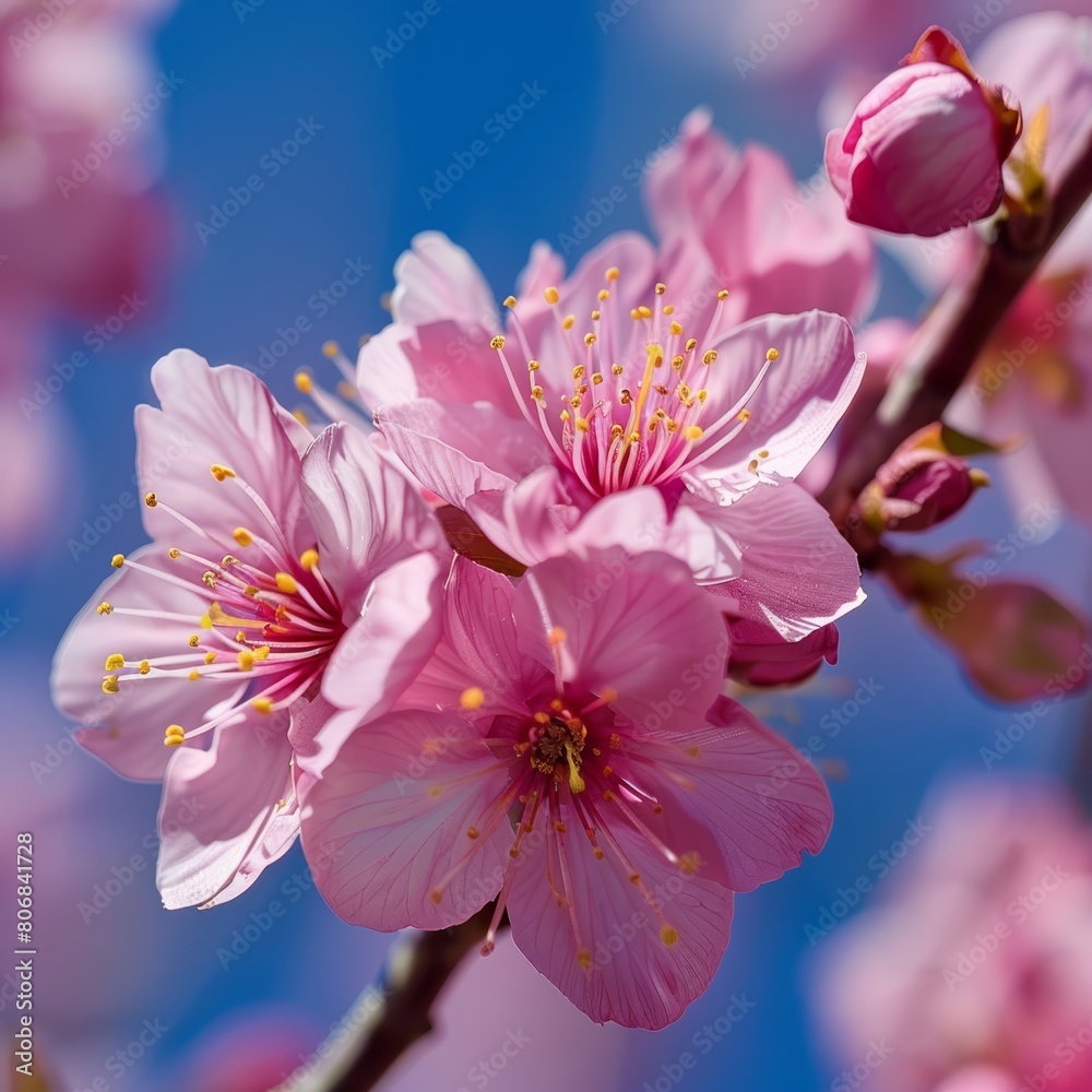 A tight shot of a pink blossom on a tree branch against a blue backdrop A tight shot of a pink blossom on a tree branch against a blue backdrop