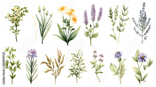 Digital watercolor herbs clip art set print pattern flower abstract graphic poster background