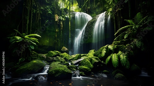 Panoramic view of a waterfall in the rainforest. Long exposure.