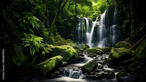 Beautiful waterfall in deep tropical forest. Panoramic image.