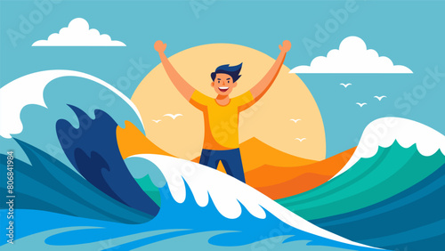 As the wave crashes down behind them a surfer emerges triumphantly arms raised in celebration of their incredible ride.. Vector illustration