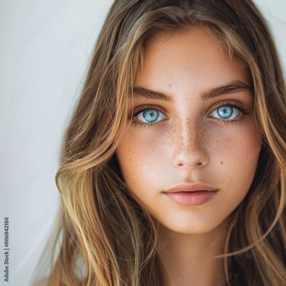 Fototapeta premium A close-up of a woman's face adorned with freckles