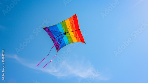 A tiny rainbow kite with a joyful face  soaring high in the clear blue sky.