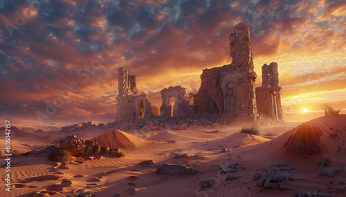 Recreation of ruins of a ancient temple in the desert at sunset	 photo