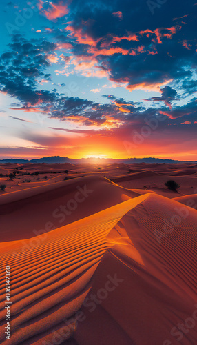 Vertical recreation of dunes in the desert at sunset
