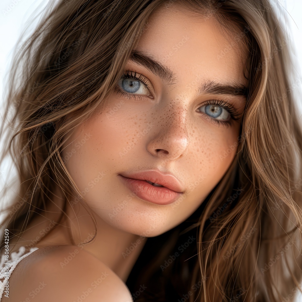 A tight shot of a woman's face adorned with freckles, one on her shoulder as well A tight shot of a woman's face adorned with freckles, one on her shoulder as well