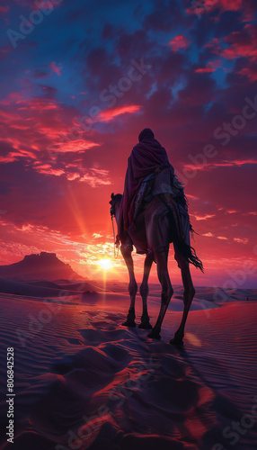 Vertical recreation of touareg in camel in the desert at sunset or dawn