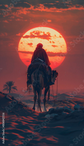 Vertical landscape of big sun at sunset with tuareg in camel in the desert