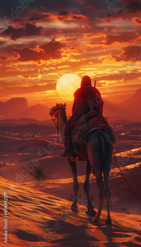 Vertical recreation of touareg in camel in the desert at sunset