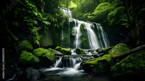 Panoramic view of a beautiful waterfall in a green forest.