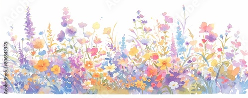 A watercolor painting of colorful wildflowers  blending into each other in the foreground on white background  creating an abstract and artistic composition. 