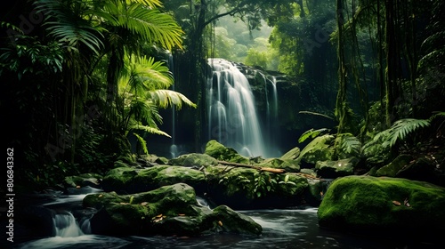 Panoramic view of a beautiful waterfall in a tropical rainforest © Michelle