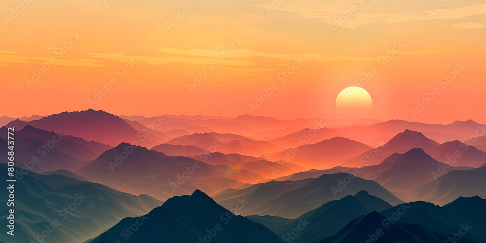Sunset in the Mountains: Majestic Landscape with Colorful Sky, Dramatic Scenery of Sun Setting Behind Peaks, Tranquil Evening View, Generative AI

