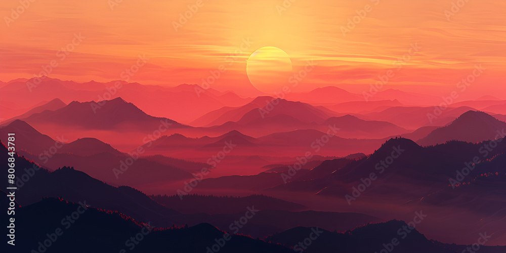 Sunset in the Mountains: Majestic Landscape with Colorful Sky, Dramatic Scenery of Sun Setting Behind Peaks, Tranquil Evening View, Generative AI

