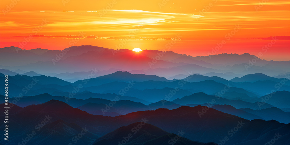 Sunset in the Mountains: Majestic Peaks Bathed in Golden Light, Scenic Landscape with Colorful Sky, Tranquil Evening in Alpine Wilderness, Generative AI

