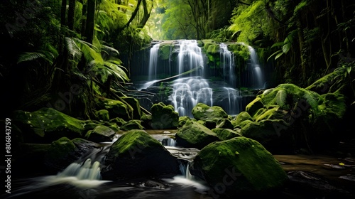 Panorama of a waterfall in a green forest  long exposure shot