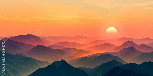 Sunset in the Mountains: Majestic Landscape with Colorful Sky, Dramatic Scenery of Sun Setting Behind Peaks, Tranquil Evening View, Generative AI