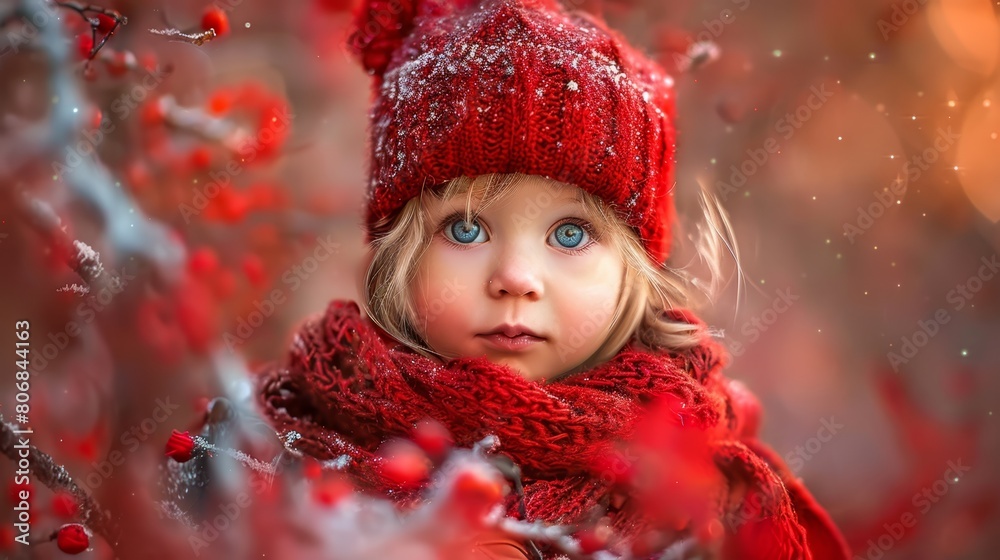 A small girl in a red scarf and hat wears blue eyes A small girl in a red scarf and hat wears blue eyes