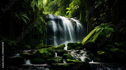 Panoramic view of a waterfall in the rainforest, Bali, Indonesia